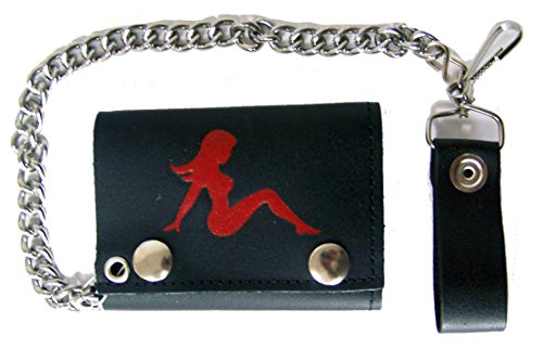 RED MUD FLAP TRUCKER GIRL FLAMES Mens Biker Leather Tri-fold Wallet with Chain
