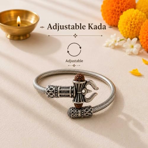 Image of Rudraksha Trishul Damru Kada for Men & Women | Adjustable Stainless Steel Open Cuff Bracelet with Rudraksha Bead | Lord Shiva Inspired Spiritual Wrist Kada | Silver Finish