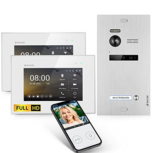 Balter EVO-HD Video Türsprechanlage, Video Türklingel, Smartphone App, 1 Familienhaus Klingel, 2X 7 Zoll HD-Monitore, Full HD-Kamera, 2 Draht Bus, Gegensprechanlage mit 175° Weitwinkel