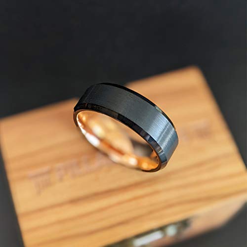 18K Tungsten Rose Gold Rings for Men Wedding Bands with Beveled Edges 8mm Brushed Black & Rose Gold Interior with Comfort Fit Sizing Anniversary Gifts for Him