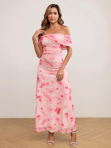 KUTUMAI Women Floral Off Shoulder Maxi Dress Summer Ruched Bodycon Long Formal Wedding Guest Dresses 20254