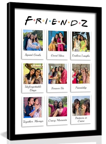 Image of Personalized FRIENDZ Polaroid Style Collage Photo Frame | Customised 9-Photo Portrait Layout for Best Friends, Girls & Cousins | Cute Aesthetic Grid | Birthday, Farewell & College Memories Gift | Glare-Free Laminated Wooden Frame | A5 /A4 /A3