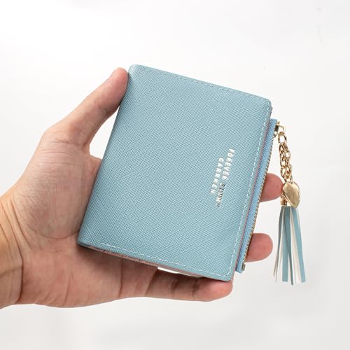 Image of KOTORA Womens Small Wallet Girls Tiny Slim Wallets Pretty Mini Card Holder Thin Short Zip Coin Purse with Love Pendant and Tassels (Blue)
