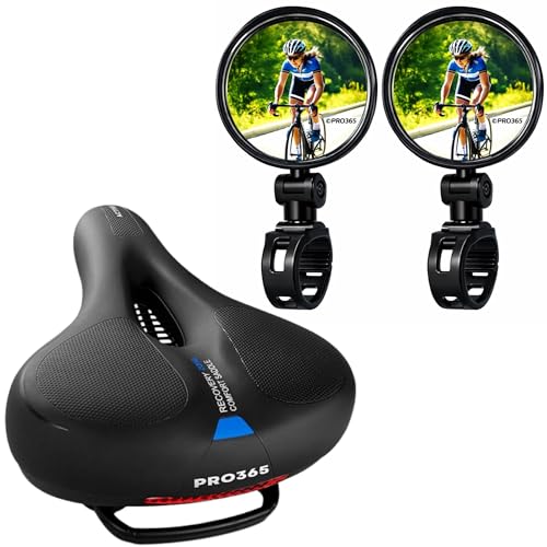 Image of PRO365 Cycle Rear View Mirror & Memory Foam Bicycle Seat Combo | Adjustable Wide-Angle Handlebar Mirror | Waterproof Shock-Absorbing Bike Saddle with Reflective Strip