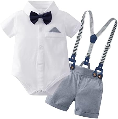 YUEMION Infant Baby Boy Clothes Gentleman Outfits Suits Summer Short Sleeve Bow Tie Bodysuit Shirts + Suspender Shorts(White,3-6M)