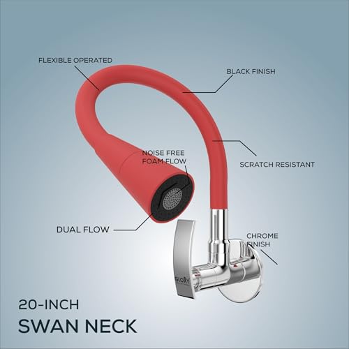 Image of Gloxy Wall Mount Faucet for Kitchen Sink with Chrome Finished Touch Lever - 20-Inch Red Silicone Flexible Leak Proof Spout & Splash Free Dual Flow Nozzle