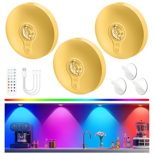 Image of Rechargeable Puck Lights with Remote, 3 Pack Magnetic Under Cabinet Lighting, 1500mAh Battery Operated LED Tap Lights with Dimmer & Timmer for Kitchen, Closet, Shelf - 3 Color Temps & 12 RGB, Gold