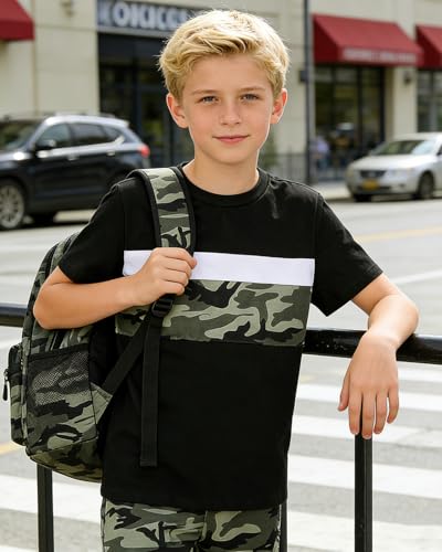 Image of OLMRJKD Boys 2 Piece Outfits Color Block Clothes Short Sleeve T Shirt and Camouflage Pants Summer Clothing Sets