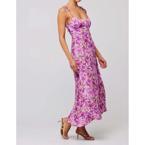 ABYOVRT Women Floral Maxi Dress Tie Front Cut Out Backless Boho Spaghetti Strap Summer Beach Sundress (Purple,L by ABYOVRT - Used condition - Image 6