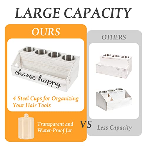 Hair Tool Organizer, White Hair Dryer Holder Rustic Wood Blow Dryer Holder Hair Product Straightener Holder Wall Mount Vanity Accessories Bathroom Sink Organizer Storage Stand Countertop Cabinet Door #TOP5