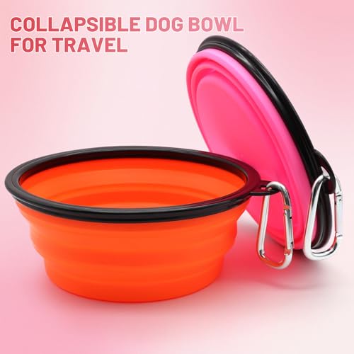 Image of SLSON Collapsible Dog Bowl, 2 Pack Collapsible Dog Water Bowls for Cats Dogs, Portable Pet Feeding Watering Dish for Walking Parking Traveling with 2 Carabiners (Large, Orange+Pink)