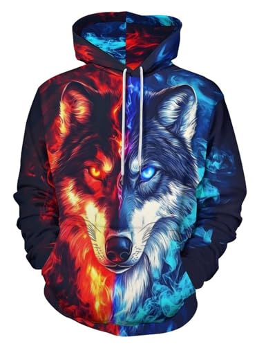 HaniLav Hoodies for Men Women Novelty 3D Graphic Pullover Sweatshirt Hoodie Cool Funny Galaxy Hoody Red Blue Flame Wolf XL