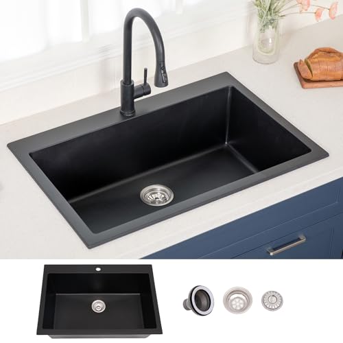 33-inch-Black-Quartz-Single-Bowl-Kitchen-Sink-Dual-Mount-Kitchen-Sink-Granite-Composite-Matte-Black-Kitchen-Sink-33-x-22-x-9-inch-Deep-Workstation-Sink-for-Kitchen-with-Drain 33 inch Black Quartz Single Bowl Kitchen Sink Dual Mount Kitchen Sink Granite Composite Matte Black Kitchen Sink 33 x 22 x 9 inch Deep Workstation Sink for Kitchen with Drain