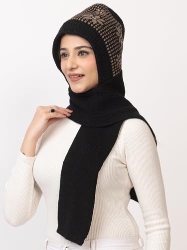 Image of AMOLDO Women's Winter Woolen Soft Warm Knitted Designer Muffler Beanie Cap with Fur | Fleece Printed Woolen Hat with Attached Scarf for Cold Weather