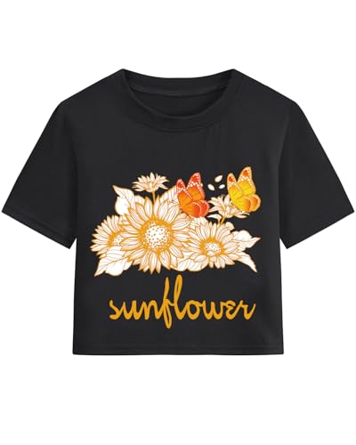 Image of DDSOL Girls Crop Tops Summer Palm Tree Sunset Beach Shirt Hawaii Short Sleeve Tropical Tshirts for Teen Girl 6-14 Years