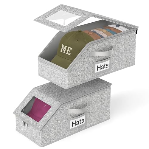 Oncpcare Paquete de 2 cajas de almacenamiento para gorras de béisbol, organizador de sombreros plegable resistente con tapa transparente, capacidad para hasta 12-15 sombreros, solución de armario que