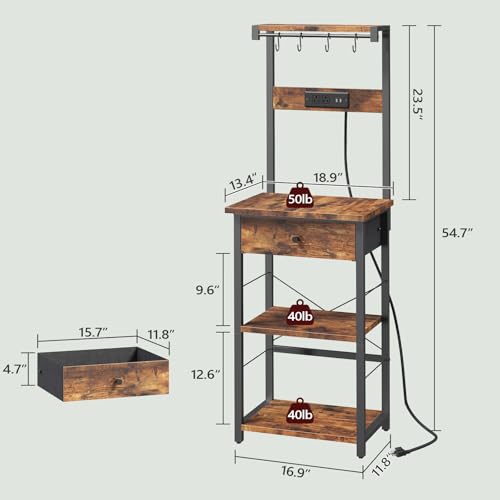 MAHANCRIS Bakers Rack with Drawer, Microwave Stand with Power Outlet, Coffee Bar Station with 4 Hooks, Kitchen Storage Shelf Rack 4 Tiers, for Kitchen, Dining Room, Rustic Brown and Black BRHR48E01 - Image 4