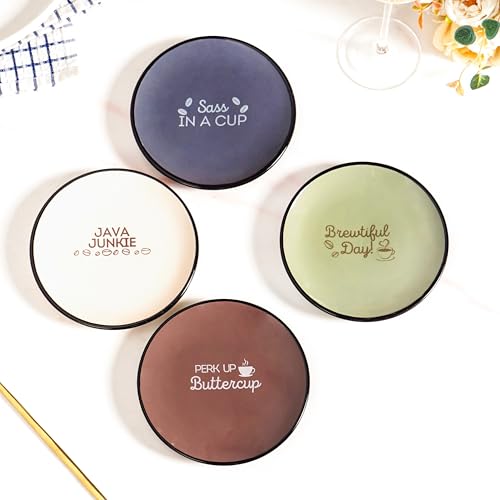 Image of Nestasia Ceramic Round Snack Plate Set of 4 (15cm Each) - Inspiring Quotes Embossed Small Plates for Serving Snacks & Desserts | Microwave & Dishwasher Safe (Beige, Grey, Brown & Sage Green)