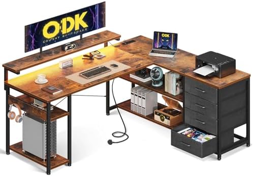 ODK Corner Desk with Drawers, L Shaped Gaming Desk with LED Light...