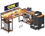 ODK Corner Desk with Drawers, L Shaped Gaming Desk with LED Lights & Power Outlets, Reversible Computer Desks for Home Office Workstation, Office Desks with Monitor Shelf, 135×110 cm, Vintage