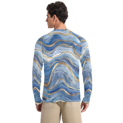 Bolaz Mens UV Protection Shirts Rash Guard Long Sleeve UPF 50+ Blue Gold White Watercolor Quick Dry S2