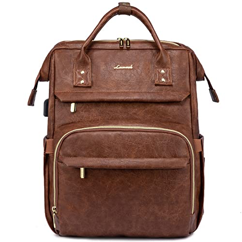 Image of LOVEVOOK Leather Laptop Backpack for Women 17 inch, Travel Backpack Purse, Professional College Business Work Bag with USB Port, Red Brown
