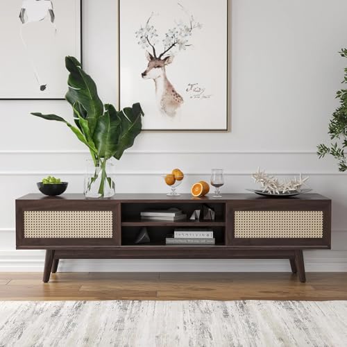 Image of MISAN Modern TV Table | Solid Sheesham Wood Sideboard TV Unit for Living Room, Bedroom, Office Furniture Stand | Wooden Free Standing Entertainment Unit Side Board Table with Storage (E-Walnut)