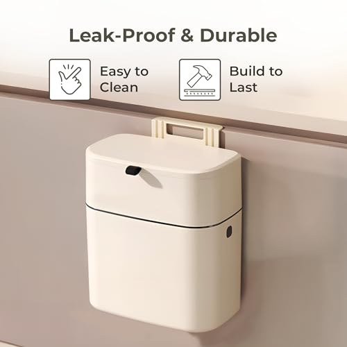 Image of HomeEssentials Wall Mounted Trash Can with Lid, Space-Saving Hanging Garbage Bin, Kitchen Cabinet Waste Bin, Bathroom Trash Can, Office & Small Spaces
