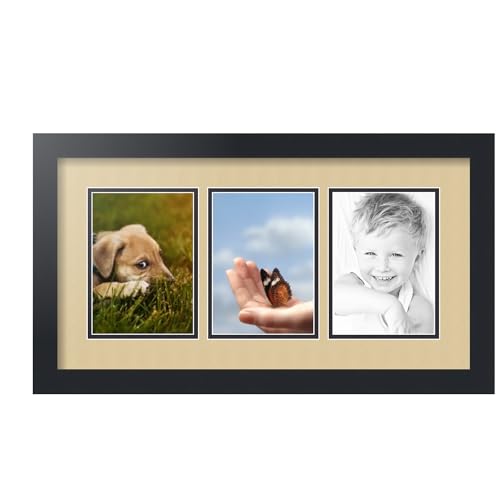 ArtToFrames Collage Picture Frame 3 Opening 3-5x7 Photo Frame | Made in USA | Black Frame Green Whisper and Black Mats | Wall Mount Multi Photo Display 23X13 Full Size