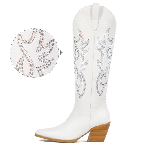 image for Pasuot Rhinestone Cowboy Boots for Women - White Wide Calf Knee High C