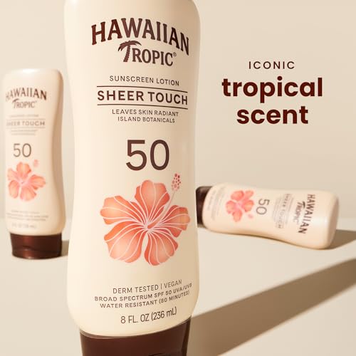 Image of Hawaiian Tropic Sheer Touch SPF 50 Sunscreen Lotion, 8 Fl Oz (2 Pack) | Radiant finish, Oil-free body sunscreen, Water resistant sunblock, UVA /UVB broad spectrum protection, Island tropical scent