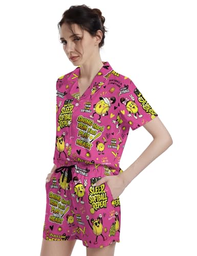 Image of Funny Pajamas for Women Set Print Satin Loungewear Pjs Short Sleeve Button Down Top and Shorts Sets Sleepwear XS-3XL