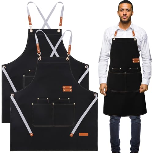 ViEinkaufen 2 Pack Aprons Chef Apron for Men Women, Cross Back Kitchen Aprons with Adjustable Strap and 3 Pockets, Apron for Servers Kitchen Cooking Baking Artist Painting, Cross Back