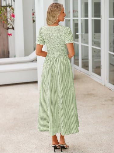 Simplee Womens Summer Casual Midi Dress Striped Smocked Puff Sleeve High Waist A Line Boho Beach Vacation Dresses with Pockets Green S — view 5