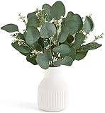 Dahey Artificial Eucalyptus Stems in Small Ceramic Vase Centerpiece Table Decorations Modern Farmhouse Decor Fake Eucalyptus Plants with Vase for Bathroom Kitchen Shelf Living Room Home Decor, White