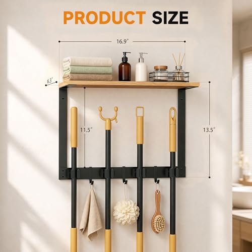 Broom Holder Wall Mount, Broom and Mop Organizer Wall Hanging with Solid Wood Frame,Organizer Rack Built with 4 Grippers & 3 Hooks; Broom Hanger Wall Mount for Laundry Room, Garages and Storage Room by Benthosx - Used condition - Image 6