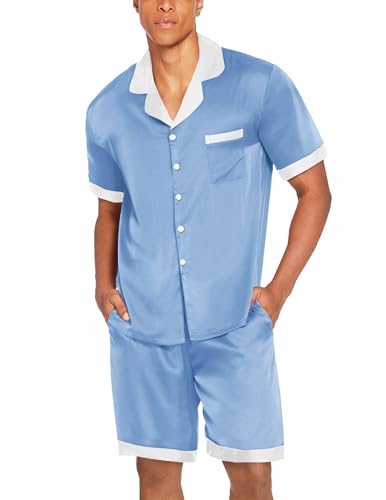 Image of Ekouaer Men Satin Silk Pajamas Set with Pockets Sleepwear Shorts Satin Summer Loungewear 2 Piece Button Down Set S-3XL, Blue, Large