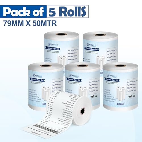Image of MOREBLUE 3 Inch Thermal Printer Roll 79mm x 50 Meter | Thermal Receipt Paper Roll for POS Billing Machine | Cash Register Bill Printer Paper | BPA Free, High Print Clarity, Long Lasting 5 Roll