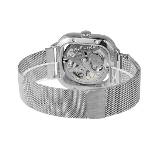 Image of Luxury Automatic Mechanical Watch, Square Skeleton Dial, Stainless Steel Mesh Band, Self-Winding Movement, Classic
