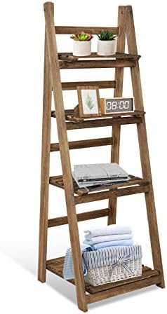 DEARYOU 4-Tier Wood Ladder Shelf, Wooden Modern Bookshelf with Metal Frame，Ladder-Shaped Plant Flower for Office,Bedroom