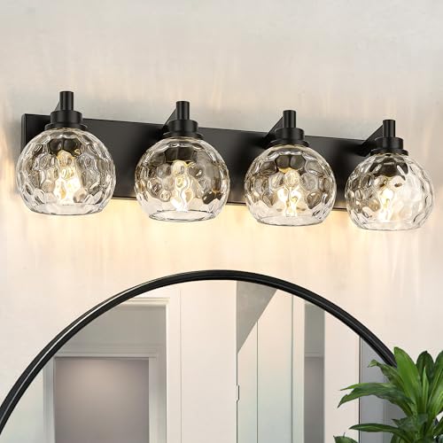 Image of Bathroom Light Fixtures Over Mirror, 26 inch Matte Black Vanity Light with Clear Hammered Glass Globe Shade, 4-Light Modern Sconces Wall Lighting for Bedroom Hallway, VL200-MB-CL-4