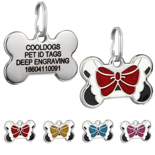 CoolDogs Bow Tie Stainless Steel Glitter Pet ID Tags for Dogs and Cats, Personalized Dog Tag, Cat Tag,Pet Tag,Dog Name Tags, Cat Name Tags with Custom Deep Engraved ID on The Back Side (Red, Small)