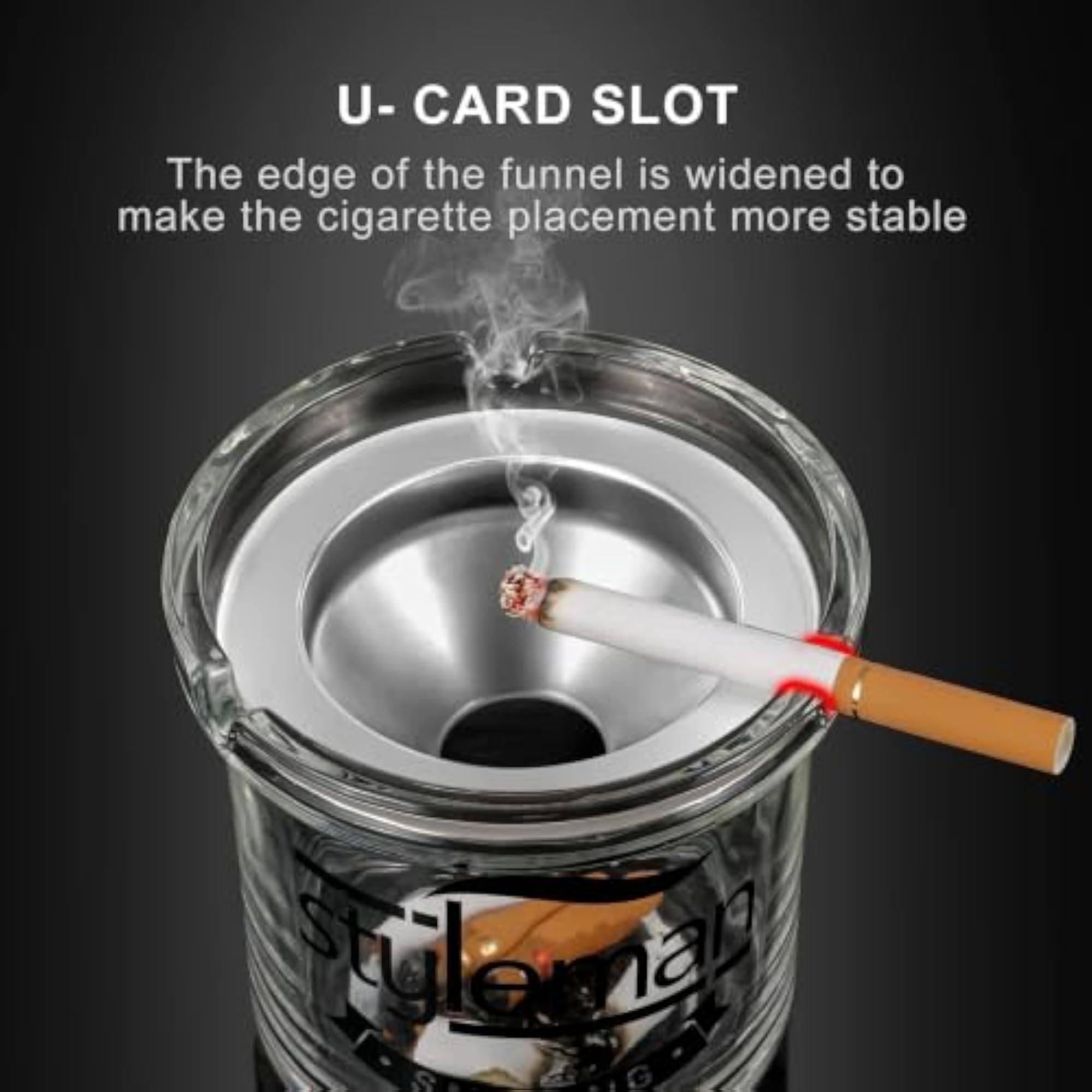 Glass Ashtray with Stainless Steel Funnel, Removable Inner Tray