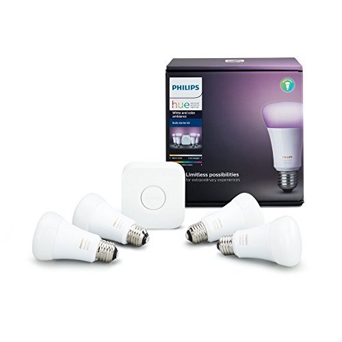 Philips Hue White and Color Ambiance A19 60W Equivalent LED Smart Light Bulb Starter Kit 4 A19 Smart Bulbs and 1 Bridge, Works with Alexa, Apple HomeKit and Google Assistant (California Residents)