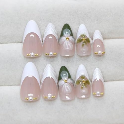 Image of Flower Press on Nails Green Fake Nails Medium Almond False Nails with Pearl Design White French Tip Glue on Nails Glossy Artificial Acrylic Full Cover Nude Stick on Nails for Women Manicure 24Pcs