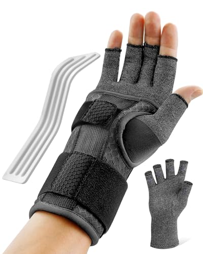 Image of FEATOL Compression Arthritis Glove with Wrist Brace, Comfortable Fingerless Carpal Tunnel Hand Gloves for Women Night Support, Pain Relief for Rheumatoid Arthritis, Work, Typing - Right Hand, Large, Black
