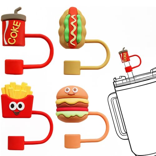 Image of HASTHIP 4Pcs Silicone Straw Caps Cartoon Style Attachment Dust Proof Straw Cap Reusable Fashion Accessories, Stanley Tumblers Tip Cover for 10mm Straws