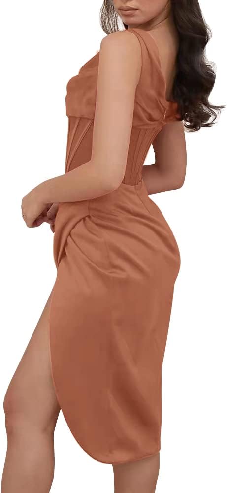 Women Sexy Ruffle One Shoulder High Split Bodycon Midi Dress Ruched Push Up Corset Satin Wedding Cocktail Party Club Dress - Image 2