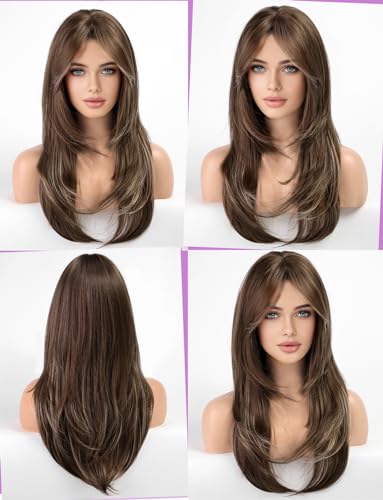 WOKESTAR Long Straight Wigs for Women with Curtain Fringe Layered Synthetic Color Hair (Ash Brown with Highlights) - Image 2