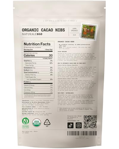 Image of NaturaleBio Cacao Nibs Organic 1 lb. Unsweetened, Non-Alkalized and Pure. Sugar-Free Dark Chocolate Chips Substitute. Non-GMO, Gluten Free, Tested for Heavy Metals. From Raw Cacao Beans